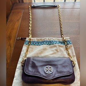 Tory Burch Amanda Deep Plum Leather Clutch/Crossbody Gold Chain Strap W/Dusty
